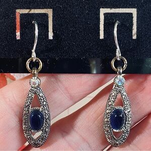Elegant Silver and Blue Dangle Teardrop Earrings with Rhinestone Accents
